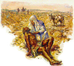 The Samaritan helps the wounded man