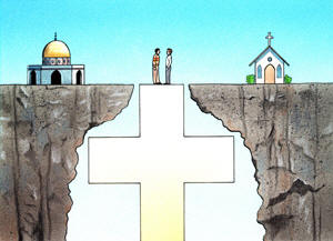 a cross bridging the gap between a Muslim and Christian church