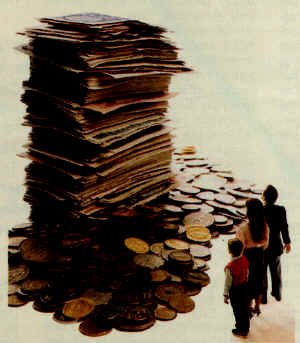A family looking at a giant stack of money
