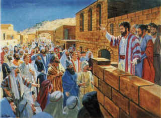 Peter preaching; painting by C. Winston Taylor